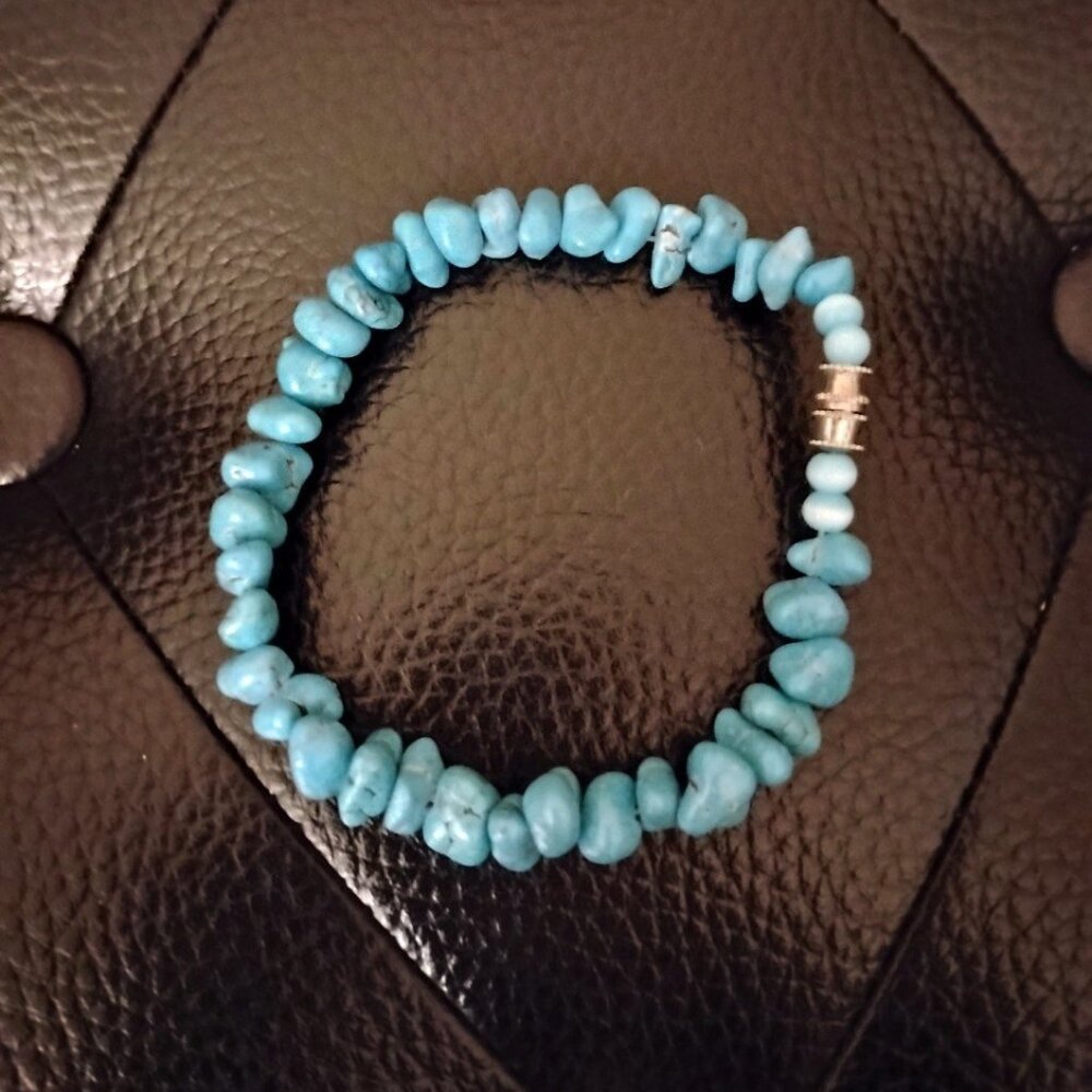 Natural Shape Stones Beads Coated in Blue Silver Accents Bracelet with Fastener